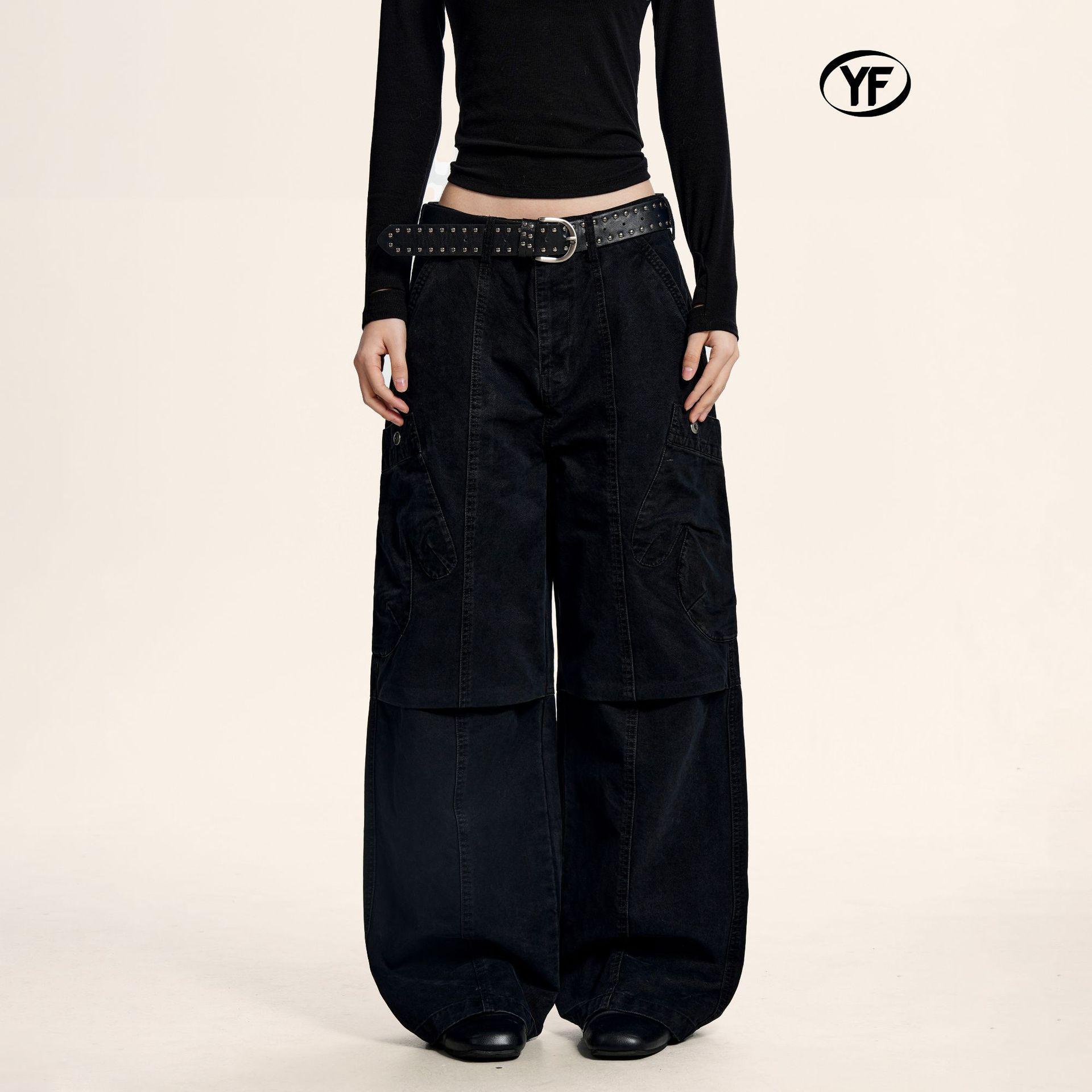 Yongfang Retro Black Denim Unisex Wide-Leg Pants with 3D Pockets Large