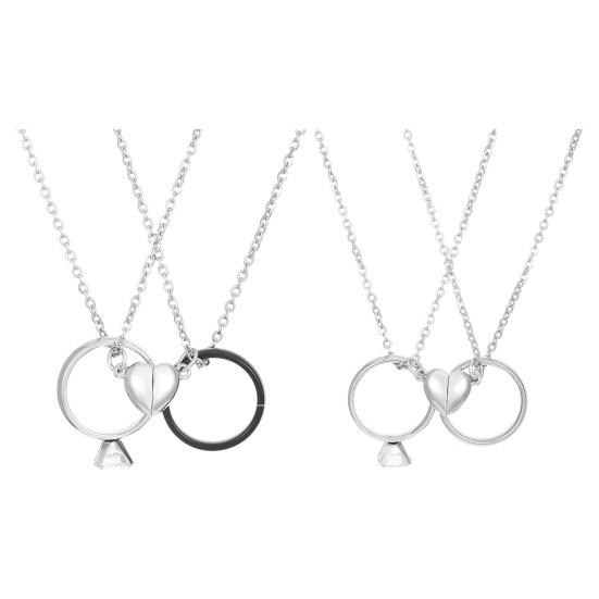 Yousheng 1 Pair Couple Matching Necklaces Electroplated Alloy Magnetic Heart And Ring Shape Pendant Adjustable Romantic Love Husband Wife Pairing