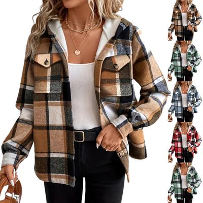 Damenmode Lässig Locker geschnittene Langarm-Jacke mit Karomuster und Kapuze Baseballjacke