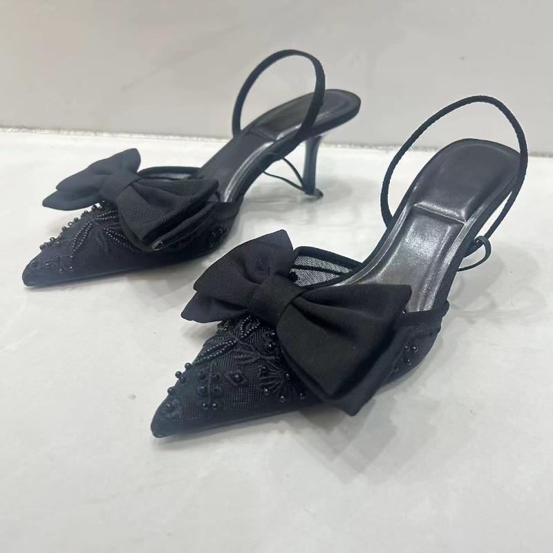 

Women Pointed Sandals Black Mesh Luxury Designer Elegant Formal Footwear Charm Embroider High Heels Ladies Shoes 35