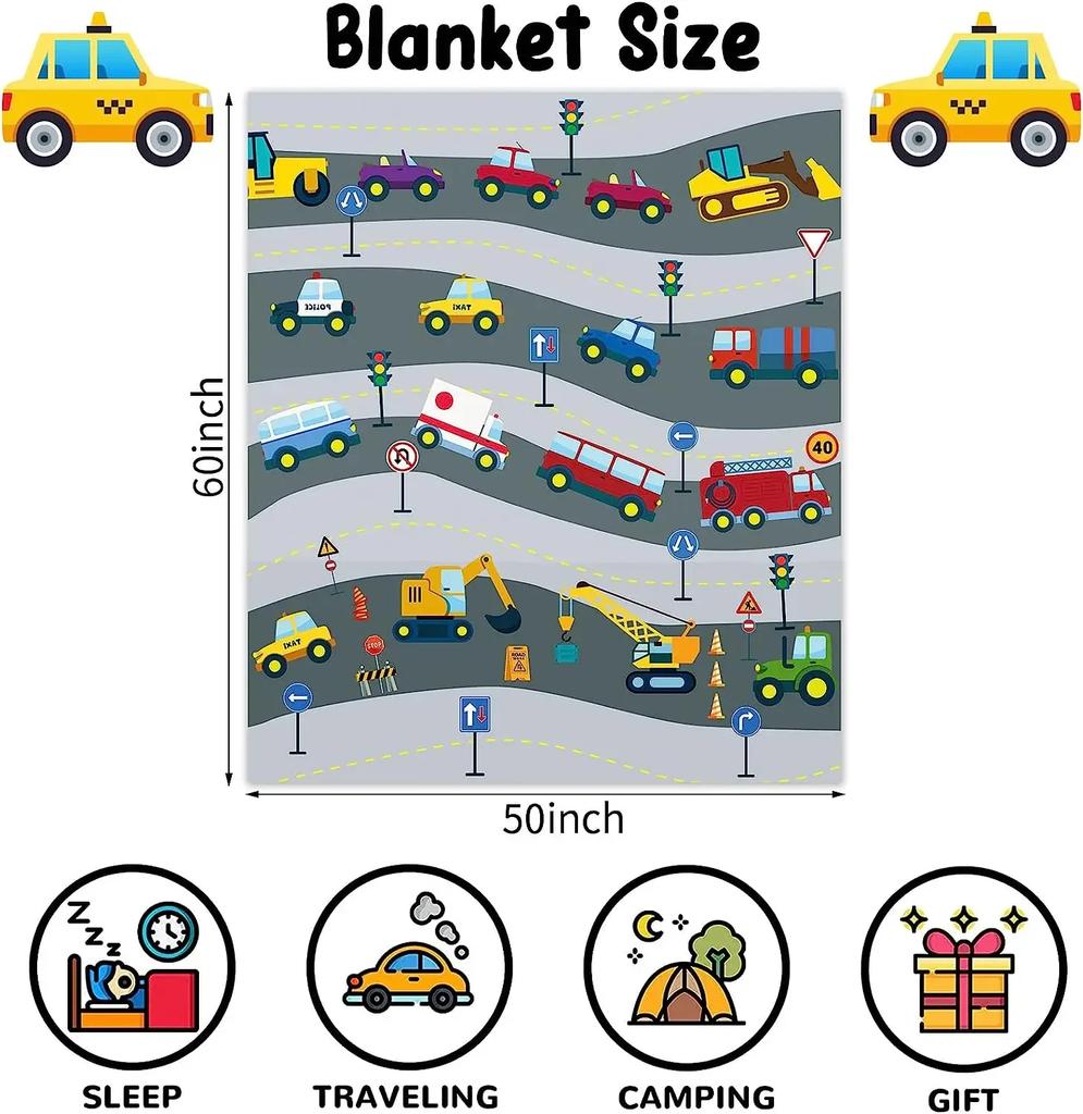 Transportation Car Throw Blanket for Kids, 50 X 60 Inch Cozy Cartoon Construction Fire Truck Fuzzy Plush Blanket for