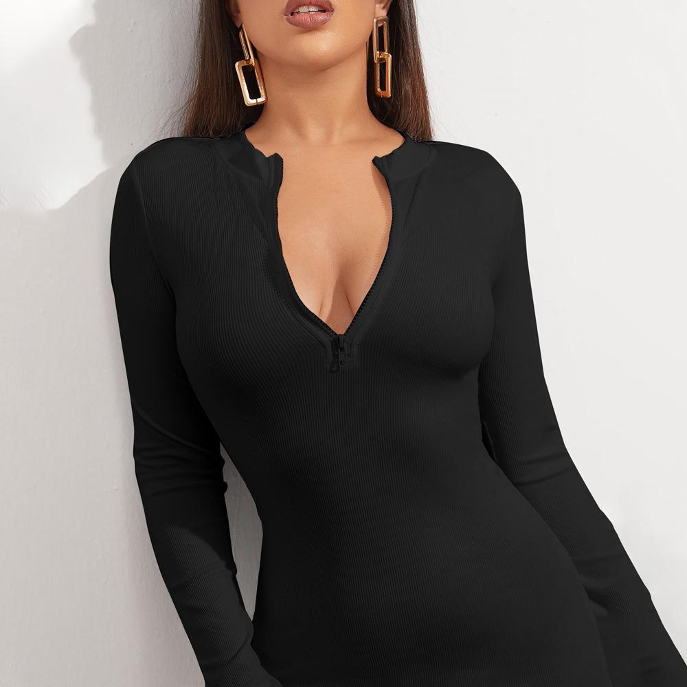 Autumn and winter new European and American V-neck dress slim-fitting long-sleeved sexy hip-wrapped short skirt for women