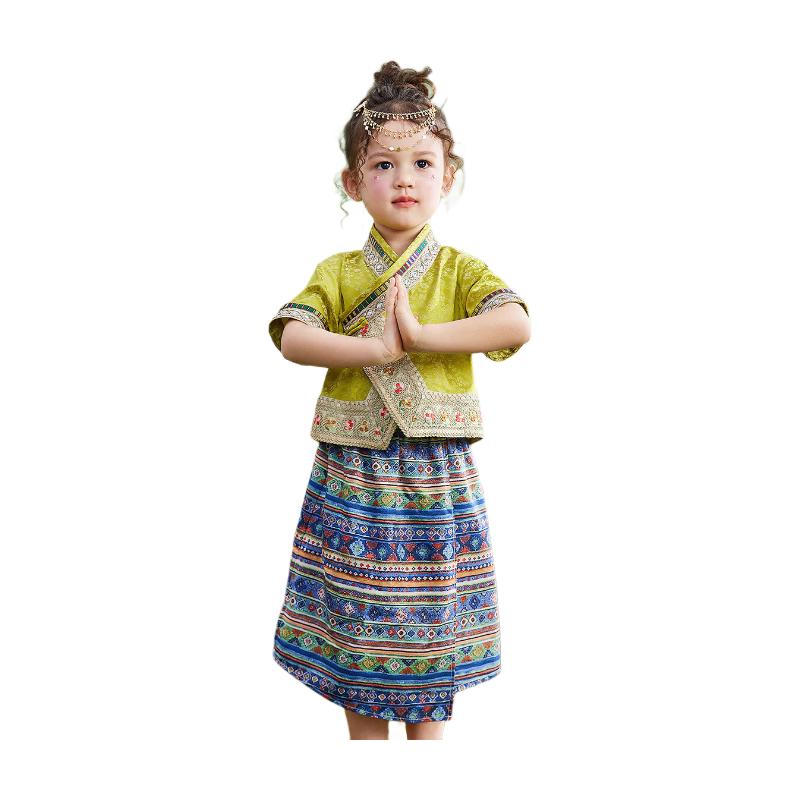 

ASK JUNIOR Girls Summer Chinese Style Printed Skirt Two-Piece Set 110