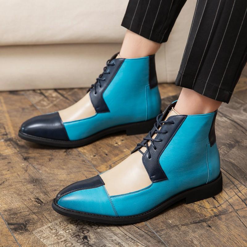 Mens Color Block Lace-Up Pointed Toe Ankle Boots Large Size Formal Casual Leather Shoes