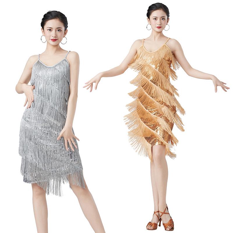 Pailletten-Quasten Latein-Tanz-Set: V-Ausschnitt Spaghettiträger Kleid für Bühnenauftritte und Wettbewerbe