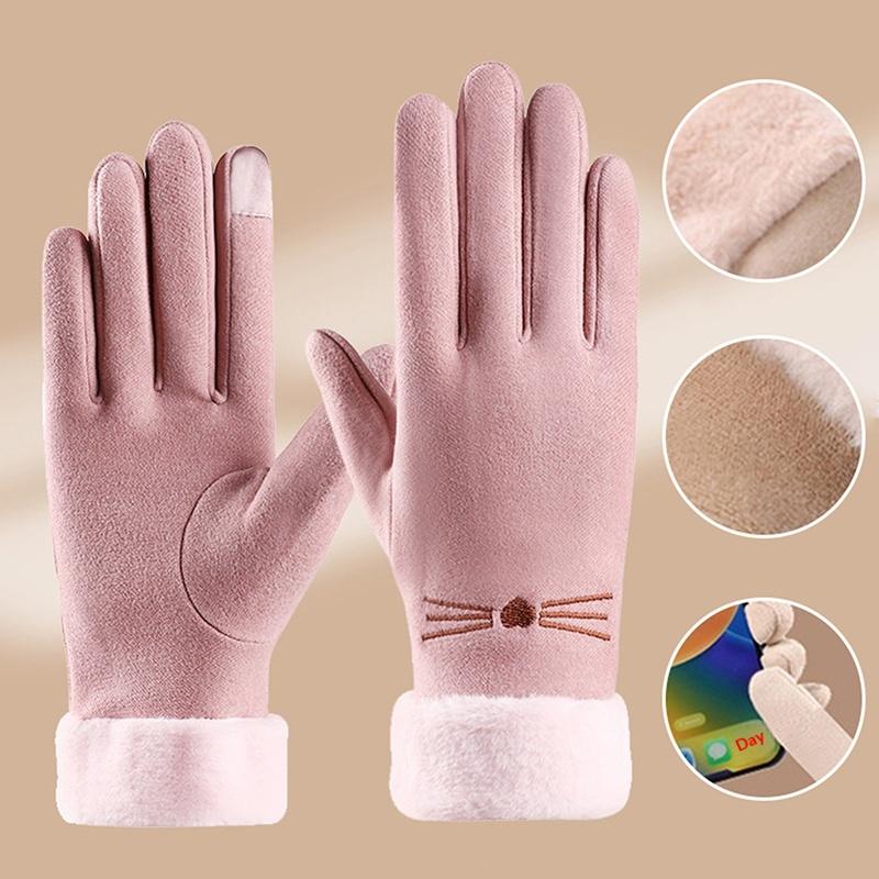 Winter Women'S Warm Gloves Have Windproof With Cute Cat And Cold Resistant Properties Thick Fur Lining And Touch Screen Gloves