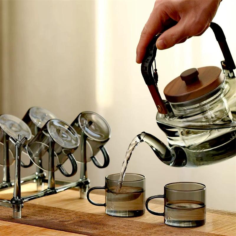 850ml Glas-Teekanne mit Holzgriff und Siebeinsatz, Haushalts-Hitzebeständige Teekanne zum Aufbrühen von Tee und Kaffee, Kungfu-Teegeschirr