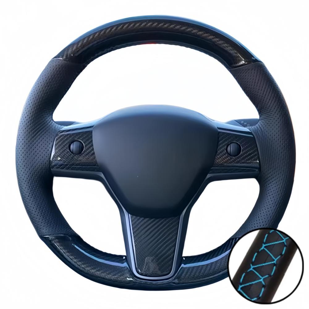 Car Accessories Hand Stitched Black Non-slip Carbon Fiber Leather Model Y 2017- Steering Wheel Cover For Tesla Model 3