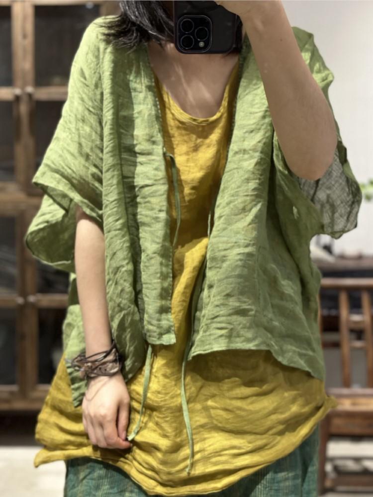 Johnature Dámské Vintage plátěné letní košile Jednobarevný pásek Topy v čínském stylu Halenky s krátkým rukávem a výstřihem do V Volná košile