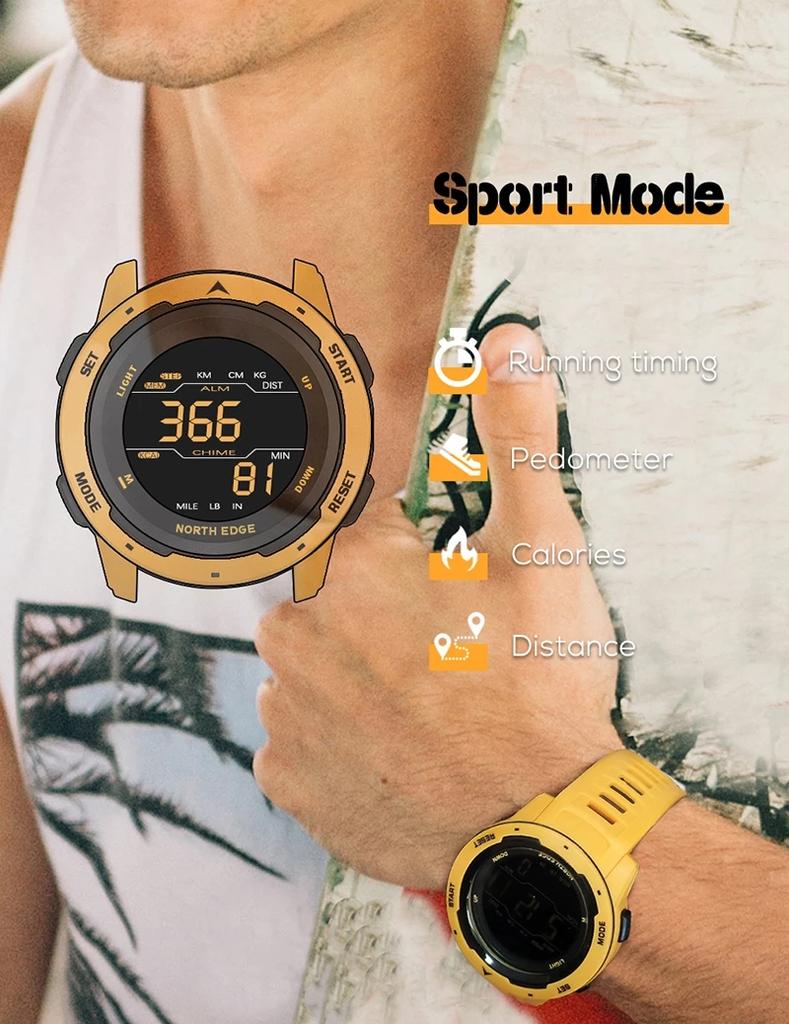 NORTH EDGE Mars Herren Digitale Uhr Herren Sportuhren Wasserdicht 5bar Schrittzähler Kalorien Stoppuhr Stündlicher Wecker
