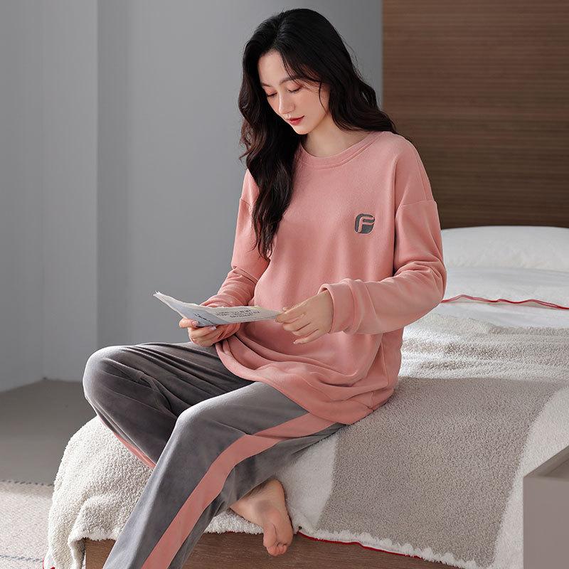 Piżama z polaru wyspowego damska jesienno-zimowa z długim rękawem cienki polarowy komplet termiczny zimowy koralowy polarowy strój domowy