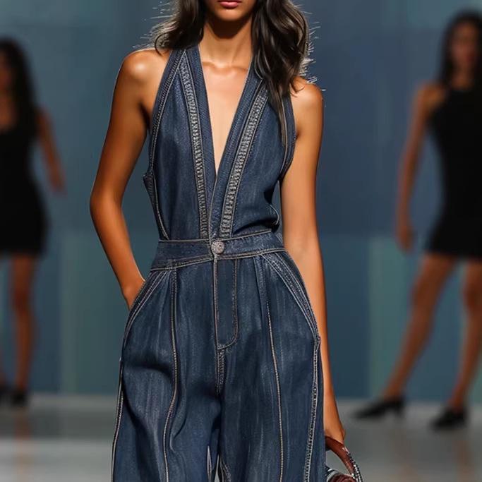 2026 Retro V-Neck Sleeveless Wide-Leg Denim Jumpsuit
