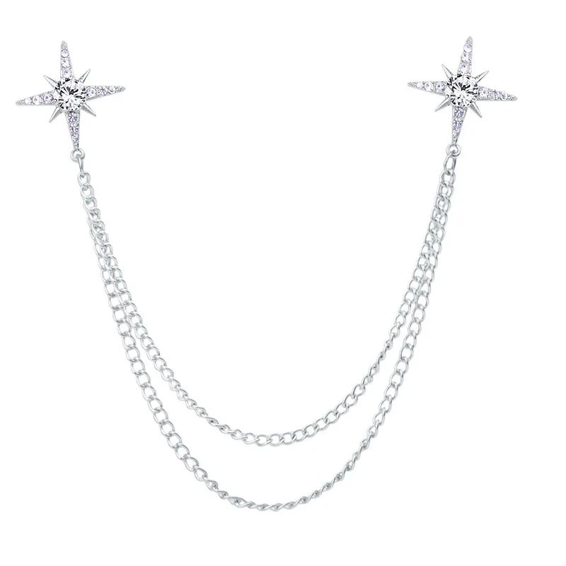 Korean Fashion Tassel Chain Star Brooch Rhinestone Crystal Lapel Pin Badge Men's Shirt Collar Pins Luxulry Jewelry Brooches Gift