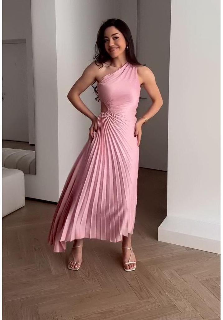 2025 Summer European-American Women's Off-Shoulder Pleated Solid Color Dress