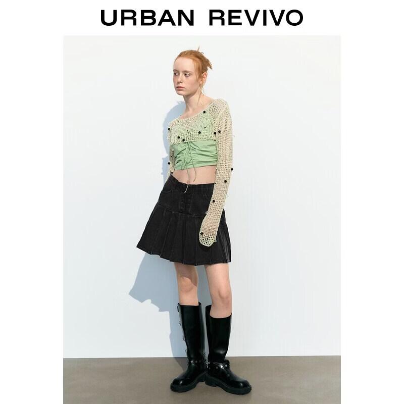 UR2026 Women s Summer Washed Pleated Patchwork Denim Skirt XS