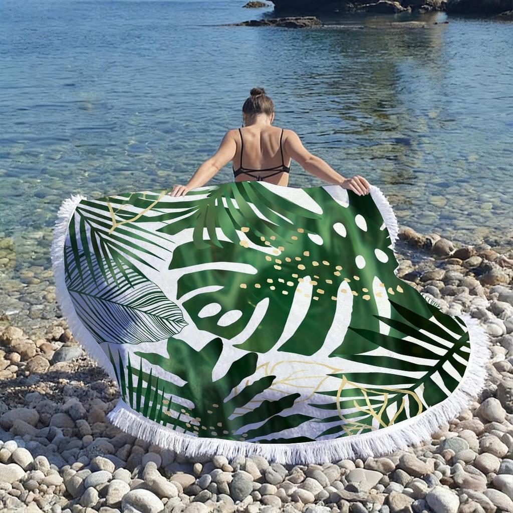 Tropical Plant Print Round Beach Towel Super Absorbent Quick Dry Microfiber Outdoor Picnic Mat Sunbathing Blanket For Travel