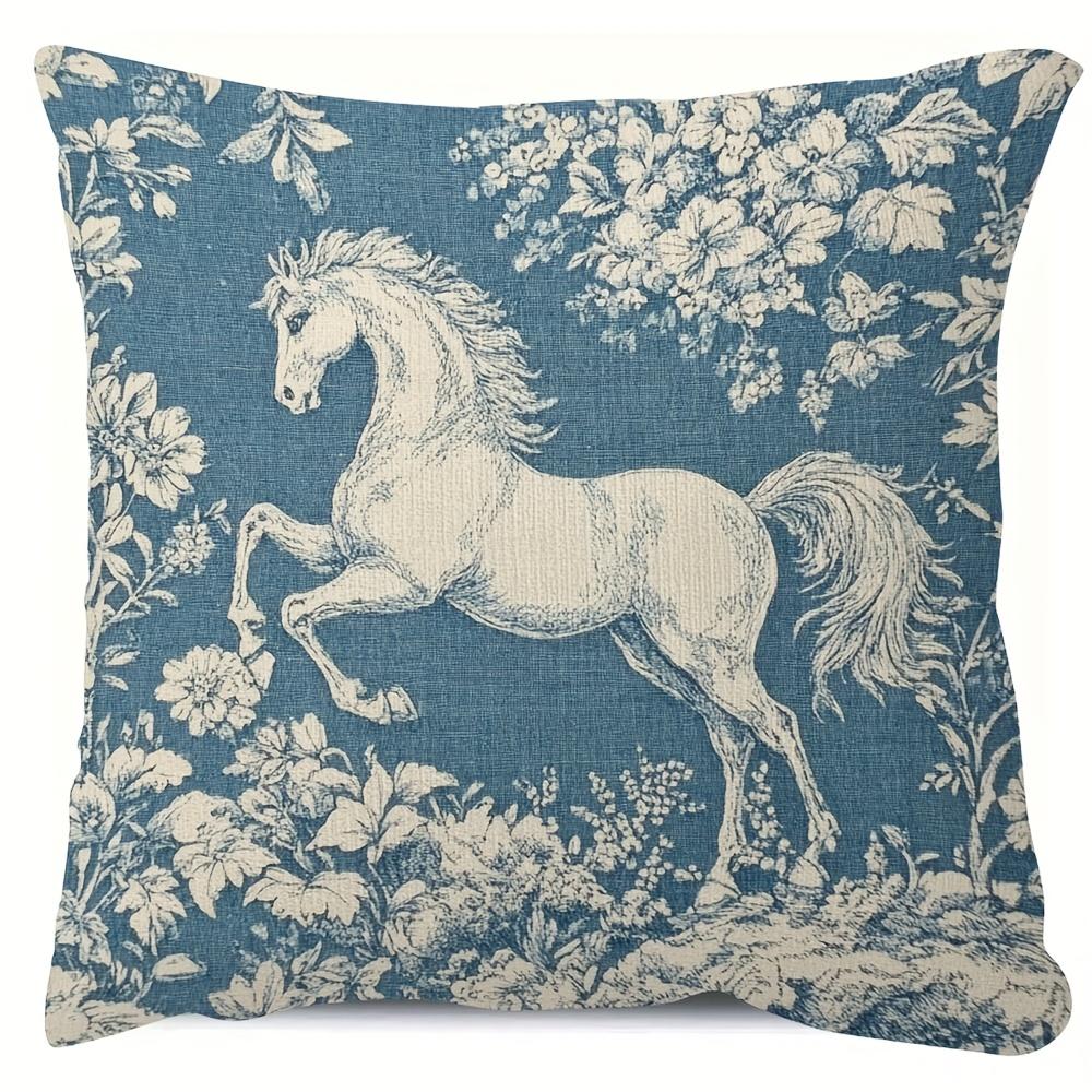 Pc Francouzská Toile Potah na polštář s koněm Polyester D Oboustranný potisk Modrý Jezdecký květinový vzor Design Venkovský akcent