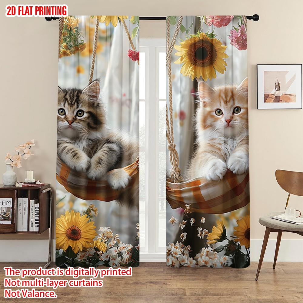 2pcs  2D plane printing Minimalist Curtains Funny Animal Cat Polyester (without rod) Room Decor Use for Living Room & Office