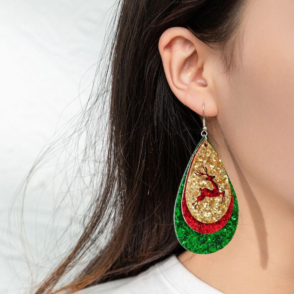 Glitter Christmas Earrings Leather Elk Drop Earrings Fashion Christmas Tree Ear Studs  Xmas