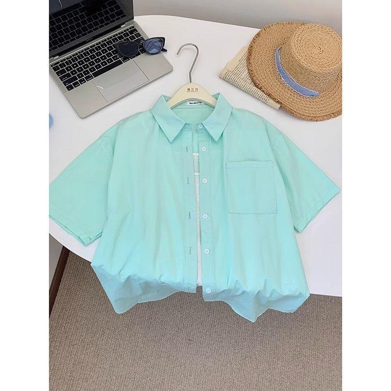 Women's Solid Color Short Sleeved Shirts Summer Pocket Decoration Versatile Tops Korean Sweet Simple Ladies Blouse