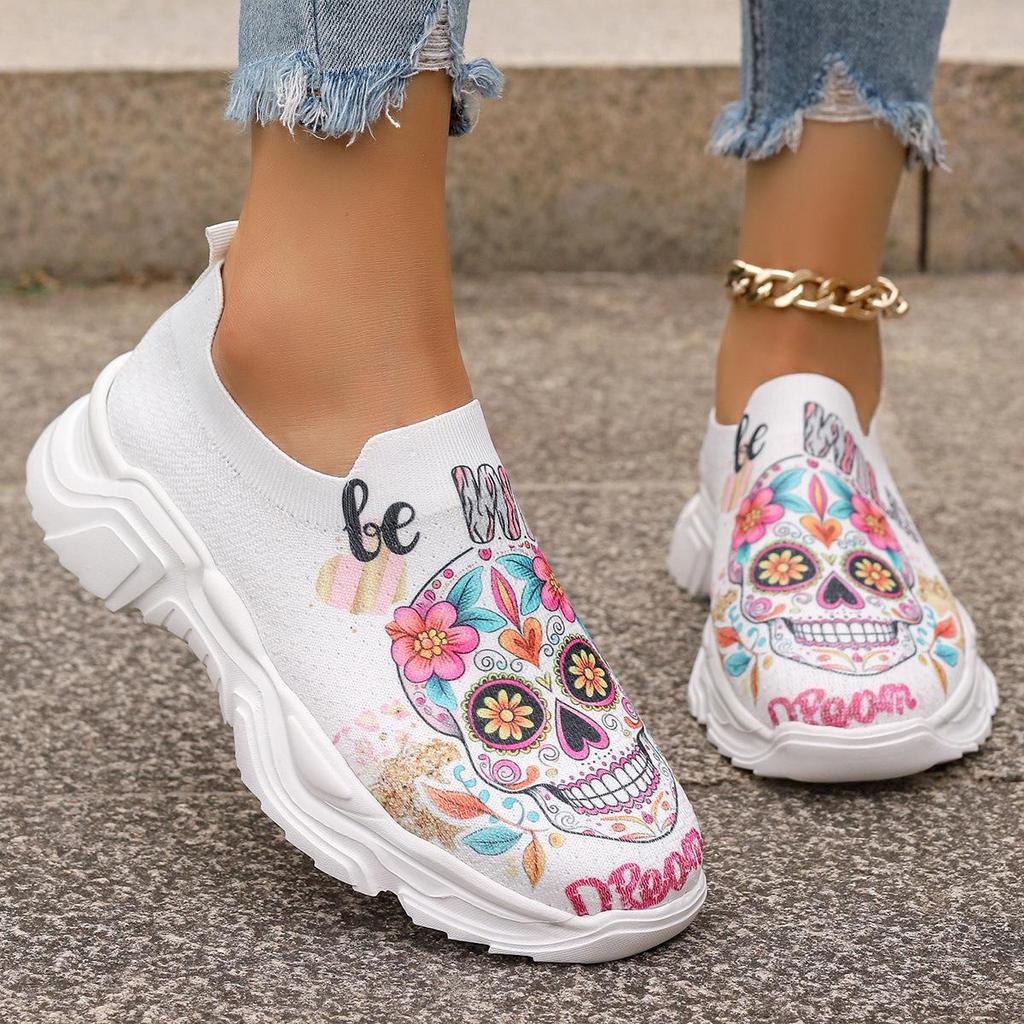 Lucyever Colour Printed Women Sport Sneaker Autumn Breathable Mesh Platform Sneakers Woman Plus Size Slip On Running Shoes 43