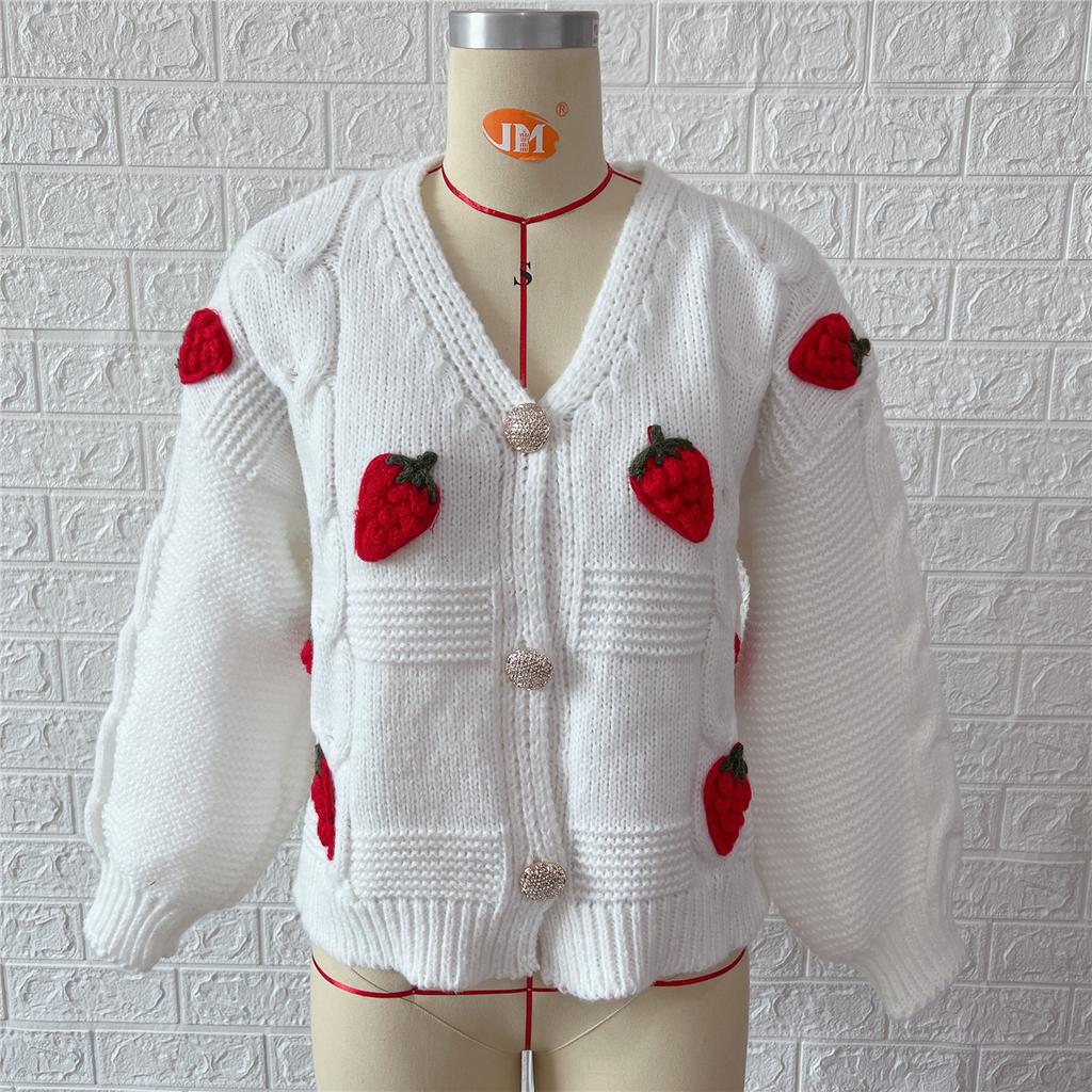 Casual Loose Strawberry Embroidery Thick Fried Dough Twists Single Breasted Knitting Sweater Coat Cardigan Women 3590 KTB