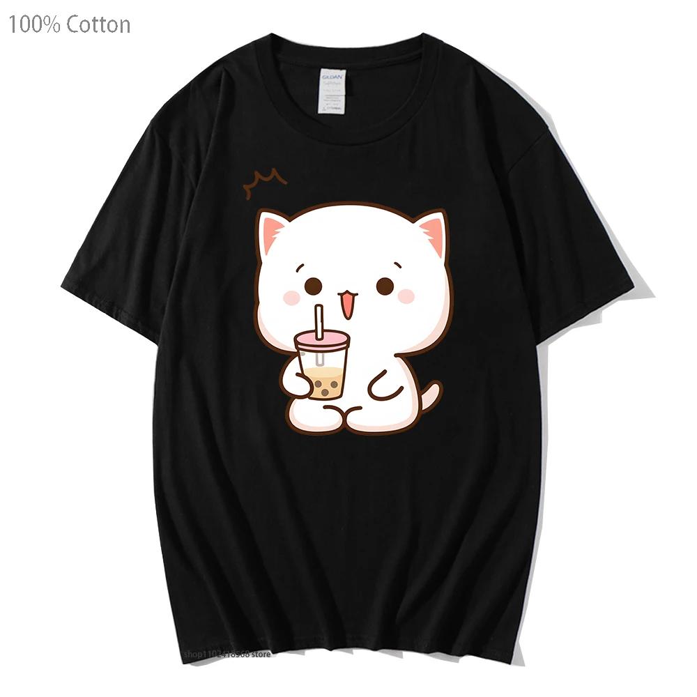 Camisetas Estampadas Gato Pêssego Femininas Mochi Bebida Chá de Bolhas Camiseta Desenho Animado Kawaii Tops para Meninas 100% Algodão Camisetas Roupas Gráficas Fofas