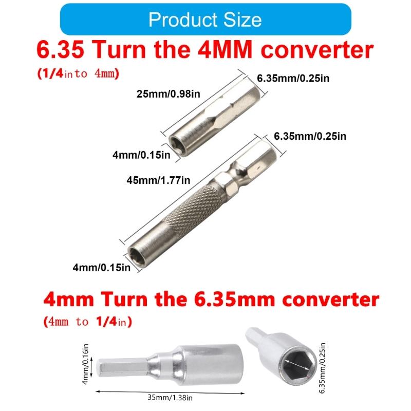 4Pcs Hexagonal Shank Conversion Set with Magnetic for Interchanging 6.35mm and 4mm Drill Bit in Power Tool