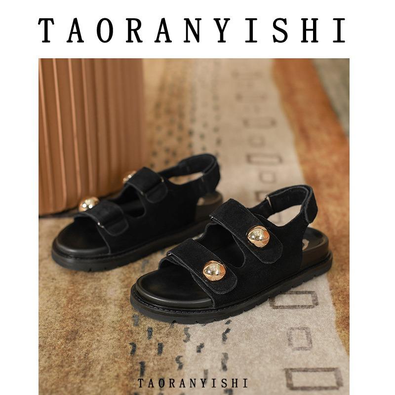 Leather Platform Flat Heel Casual Shoes Hollow Muffin Bottom Open Toe Velcro Large Size Sandals Women