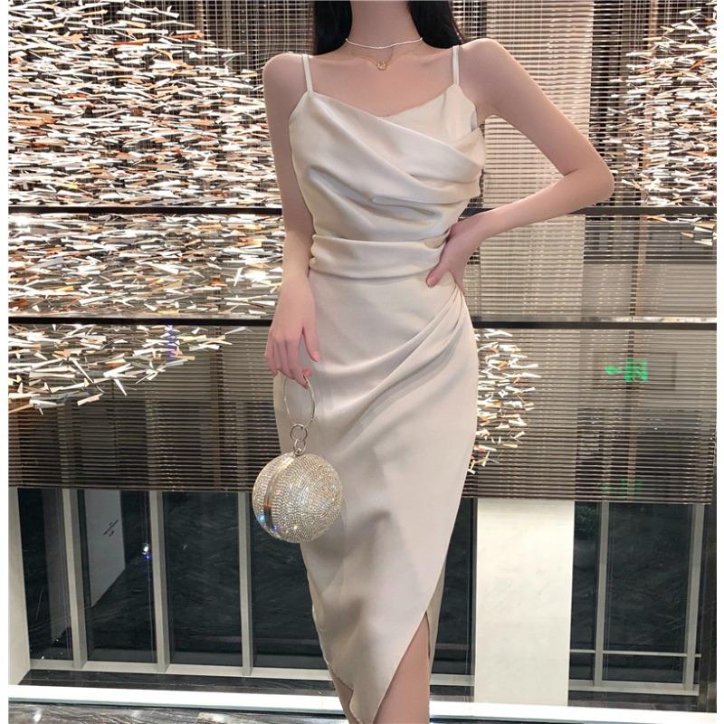 High-end Thin Pleated Acetic Acid Satin Suspender Long Dress Temperament Waist Thin Split Long Dress Dress Summer