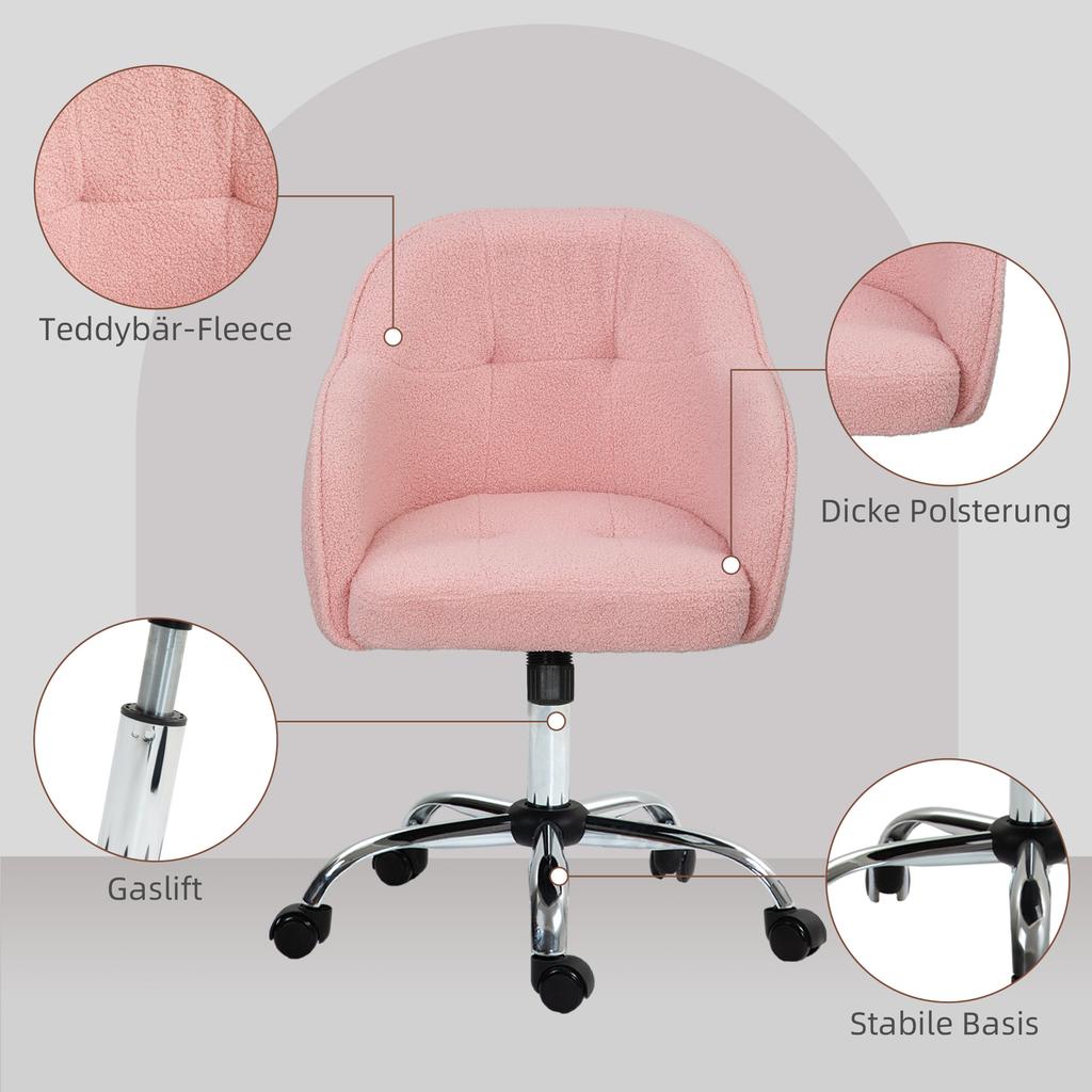 Home Office Chair, Ergonomic Desk Chair with Rocking Function, Teddy Velvet Look, 56 X 61 X 86 Cm, Pink