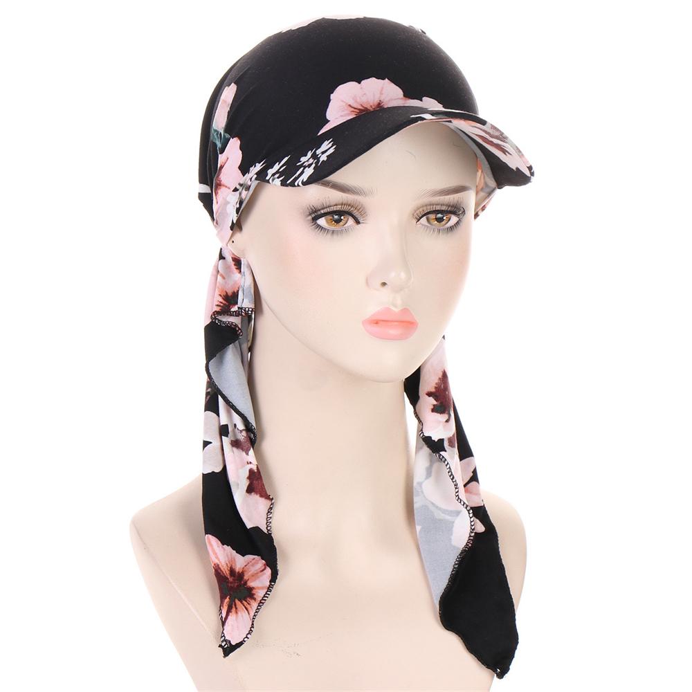 2025 Print Pre-Tied Hat Women Muslim Long Tail Headscarf Hijab Turban Visor Chemo Cap Bonnet Hair Loss Head Wrap Turbante Mujer
