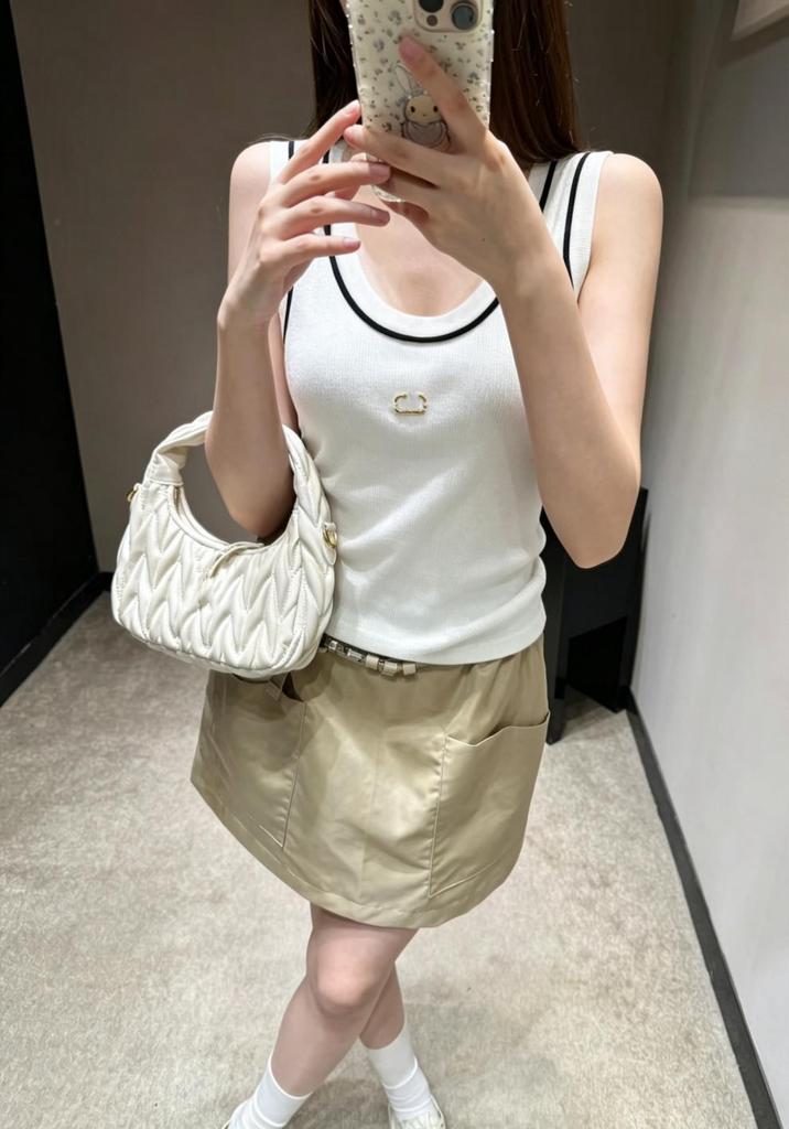 European Gold Embroidered Knit Vest – Slim Fit, Round Neck, Contrast Edge.