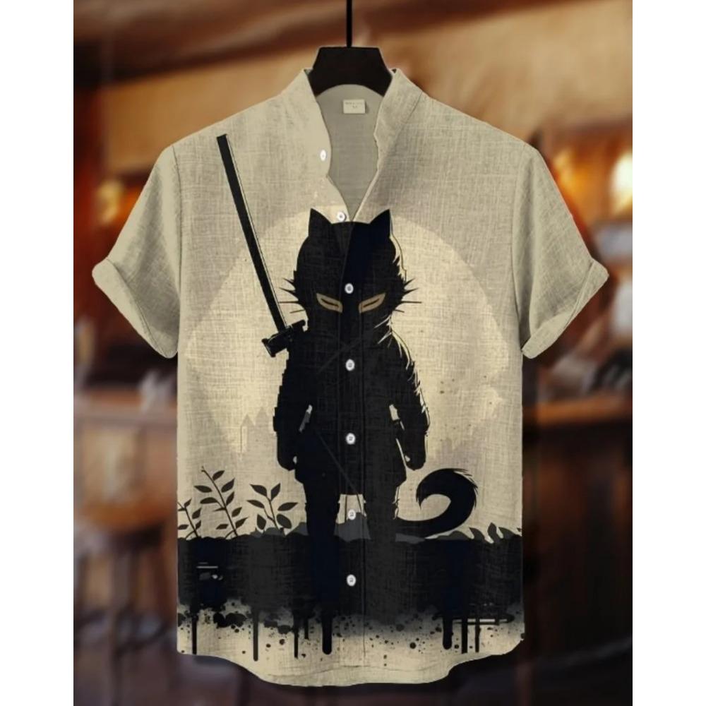 Men's Samurai Hawaiian Shirt Casual Short Sleeve Top Loose Clothing Fashion Retro Summer Shirt