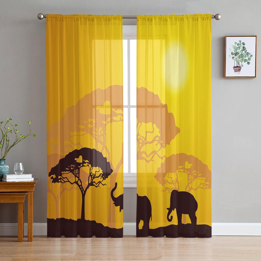 African Elephant Forest Tree Silhouettes Sheer Curtains for Living Room Tulle for Windows Voile Yarn Short Bedroom Curtains