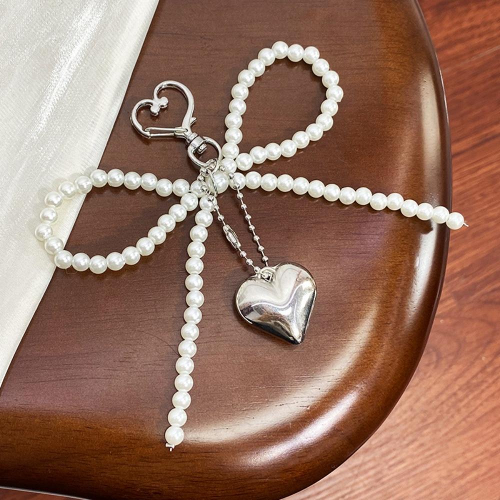 Delicate Pearl Bowknot Keychain Korean Sweet Handmade Heart Pendant Keyring Aesthetic Key Holder For Bag Pendant Accessories