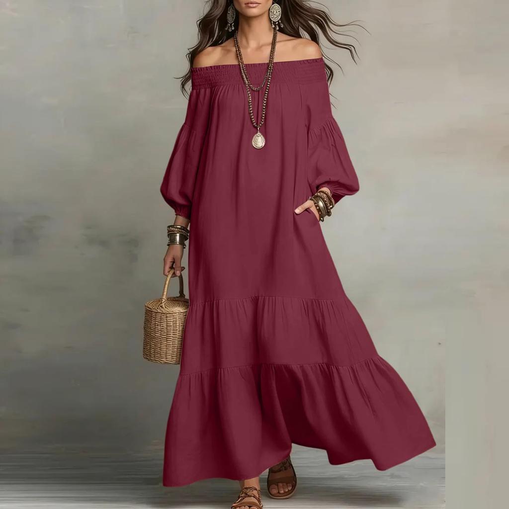 Womens Off Shoulder Maxi Dress Puff Sleeve Loose Fit Tiered Dresses Lightweight Boho Casual Dress