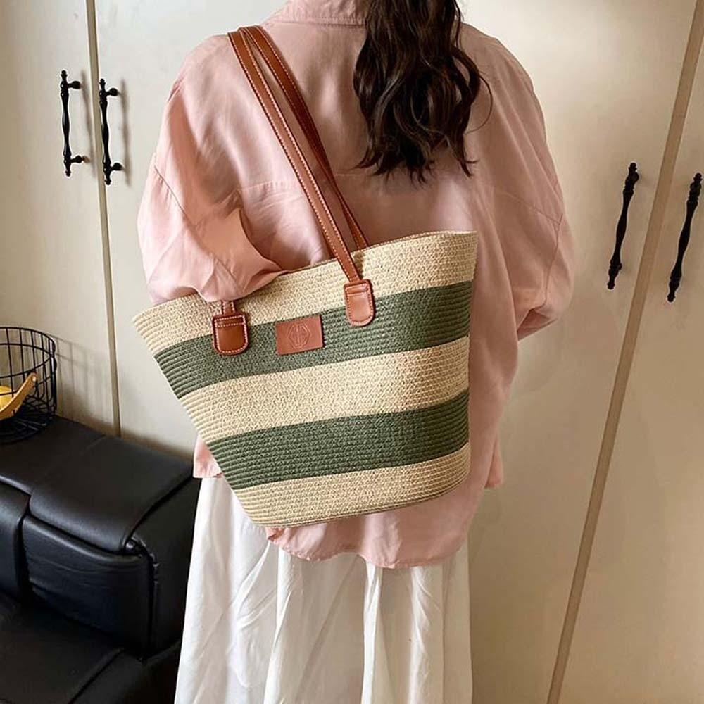Polyester Stripe Woven Tote Bag Large Capacity Summer Beach Handbag Shopping Straw Bag  Vacation