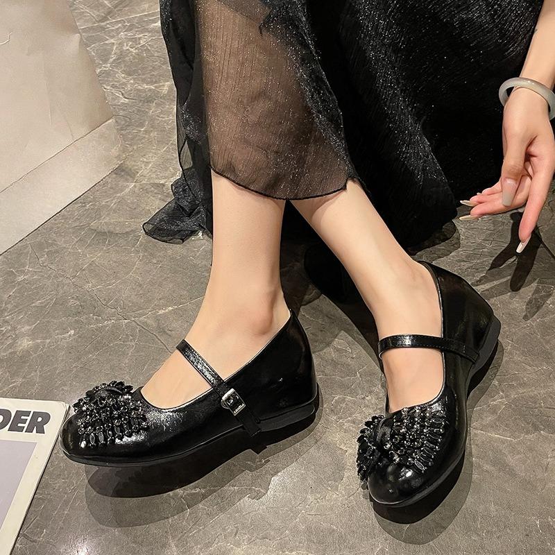 Crystal Bow Low Heel Single Round Toe Shallow Mouth Slip Strap Soft Sole Non-Slip Shoes French Women's New Shallow Bow Flats