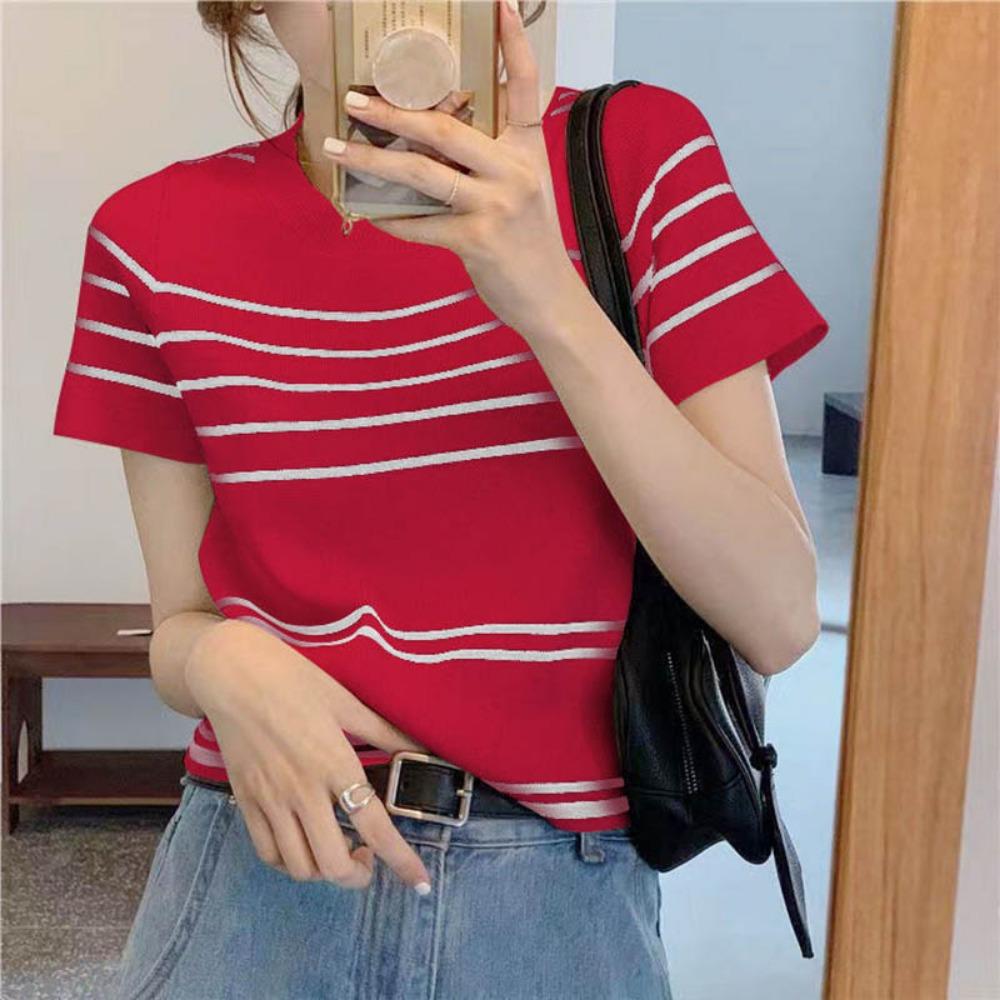 Îmbrăcăminte Femei Modă Tricouri Tricotate cu Dungi Mânecă Scurtă Vară Casual Versatile Gât Rotund Subțire Top Doamnă Birou Vintage Tricouri