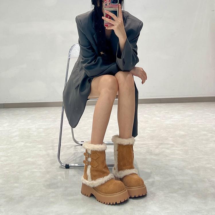 Niche thick heel thick sole heightening snow boots women's 2025 autumn and winter new velvet thickened warm big head Northeast cotton boots