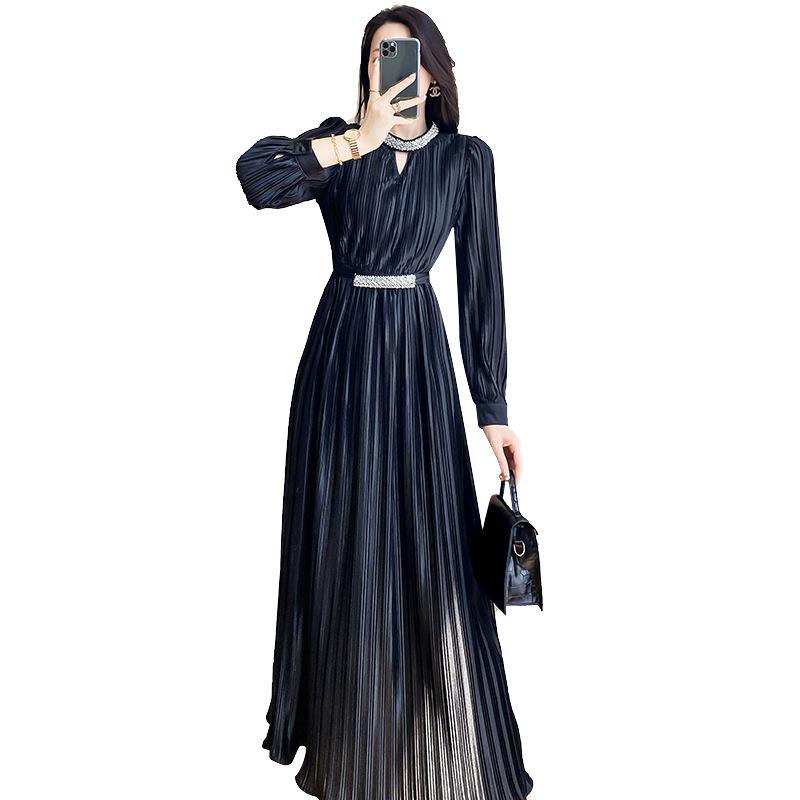 Damen 2024 Schwarzes Langarm-Frühlingskleid im französischen Stil