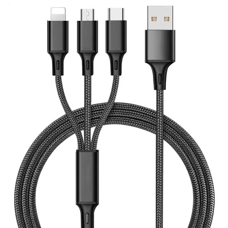 Nylon Braided 3-in-1 Data Cable: Multi-Head, 2A Fast Charging for Mobile Devices