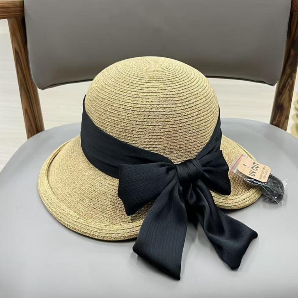 Straw hat women's summer foldable beach hat sunshade sun protection bow basin hat bucket hat outdoor sun hat