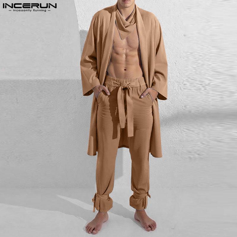 INCERUN 2PCS Sets Mens See Through Long Sleeve Open Front Tops Harem Pants Beach Home Outfits
