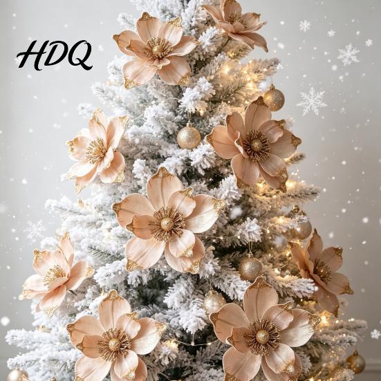 Multi Layered Fabric Flower Decorations Red Gold Poinsettia Artificial Flower Large Glitter Christmas with Clip Xmas Festive Party Floral Decor Tree
