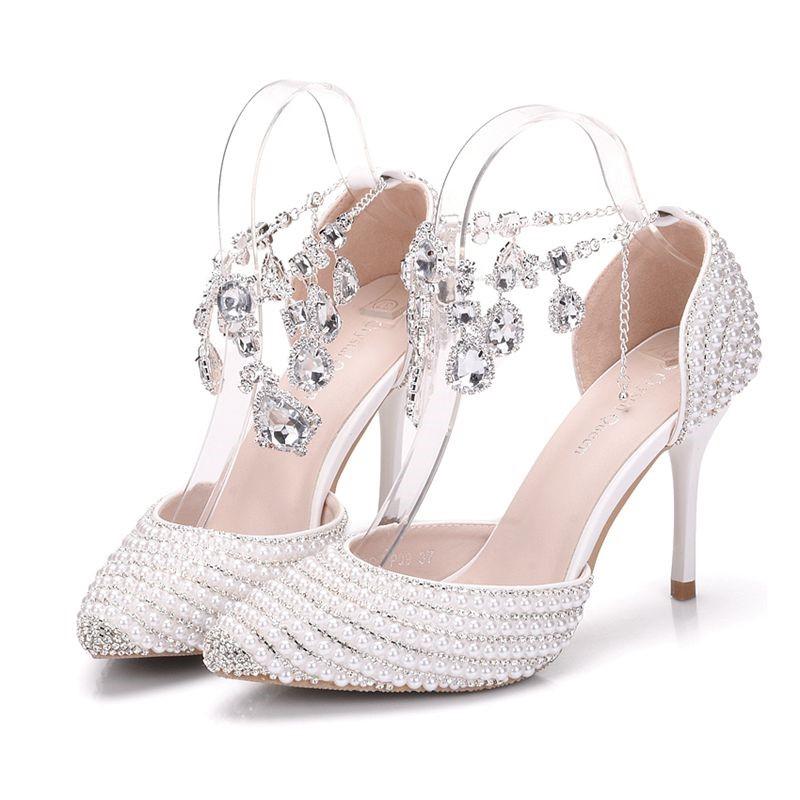 Crystal Queen Bridal Women Rhinestone Pointed  9cm Toe High Heels Sexy Wedding Evening Party Shoes Ladies Pumps