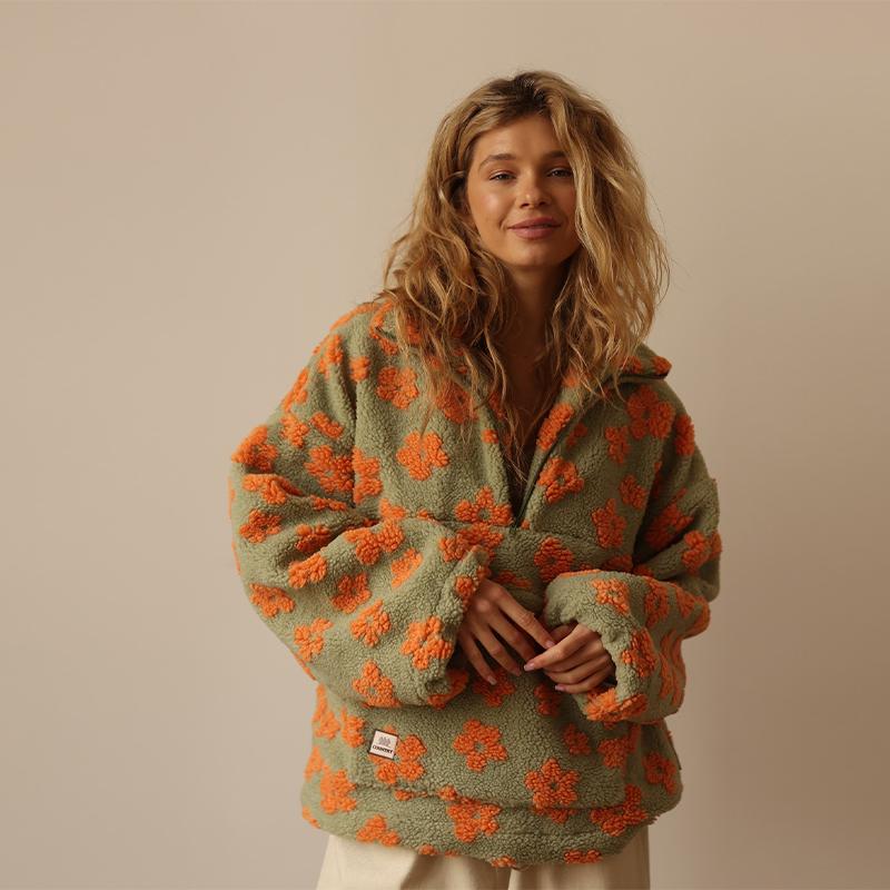 Hanorac Fleece de Damă cu Imprimeu Floral, Cald, Lână de Miel, Guler Înalt, Hanorac cu Fermoar, Larg, Moale, Pulover, Toamnă/Iarnă 2025