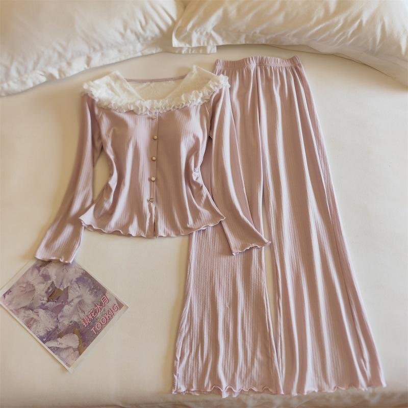 Women's Cotton Pajama Set: Long Sleeve, Lace Trim, Long Pants, Chest Pads, Sexy Style for Spring, Autumn, Winter.