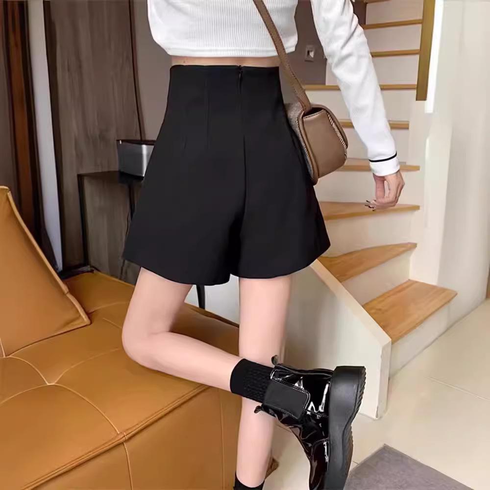 Unisex Black A-line Wide Leg Shorts - 2024 Spring/Summer High Waist Slimming, Petite, Loose Casual Fit